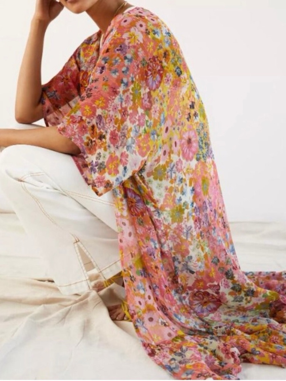 Blank London Anthropologie Floral Shimmer O/S Pink Gold Kimono Cardigan Robe - Picture 6 of 7